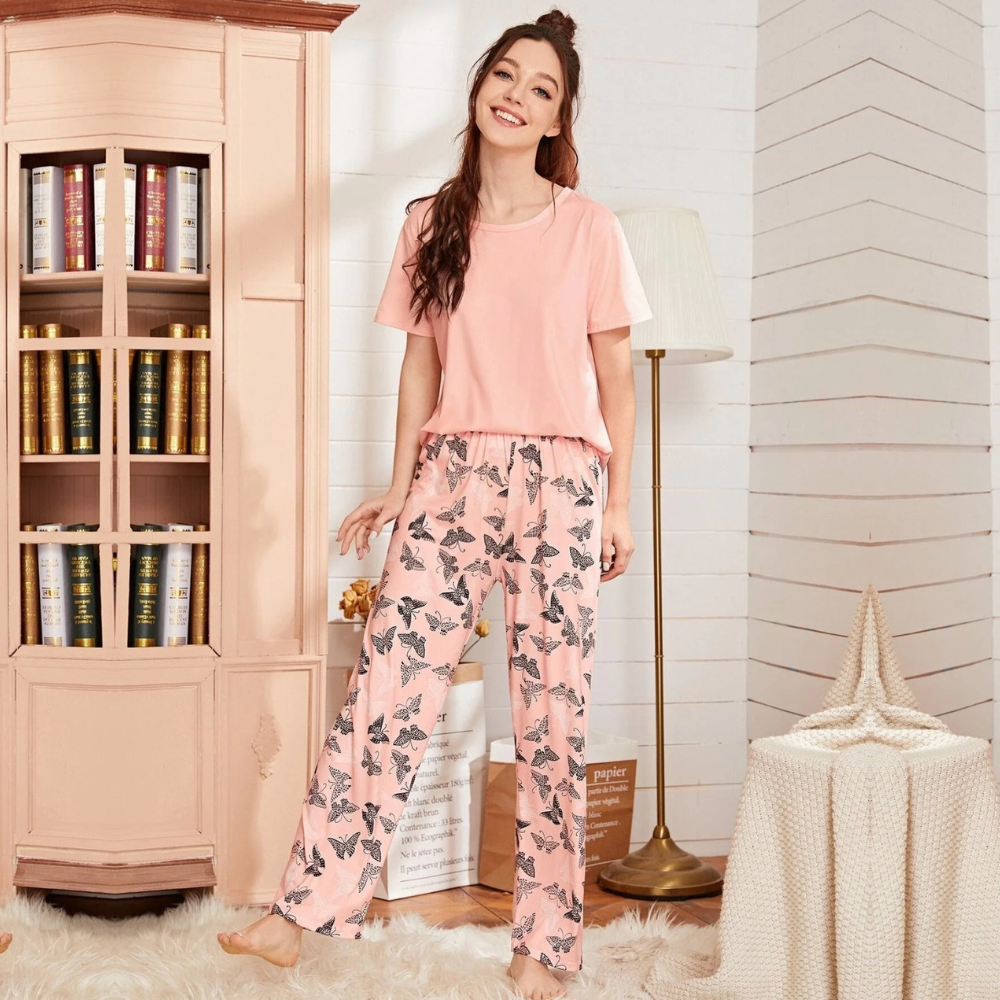 Baby Pink With Butterfly Printed Pajama Night Suit For Women