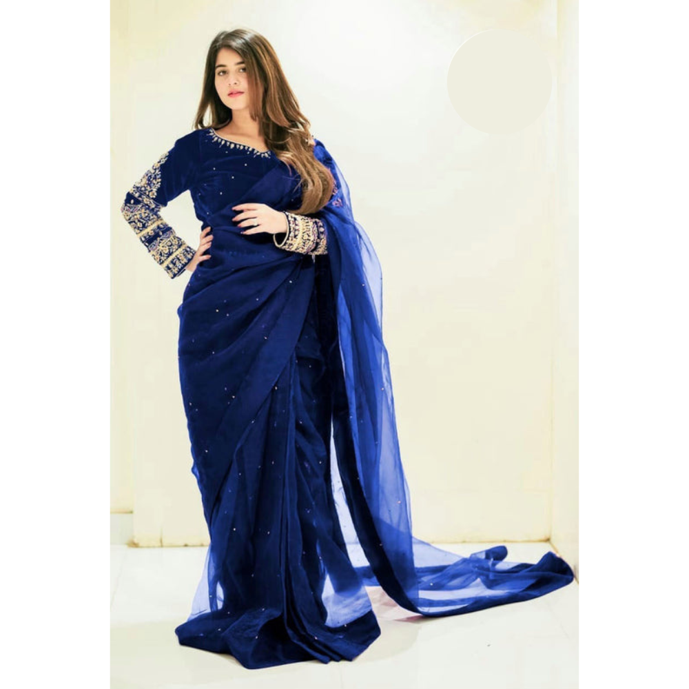 Multi Sleeves Silk Blouse Embroidered With Petticoat And Pearls Attached Pleated Saree - Blue