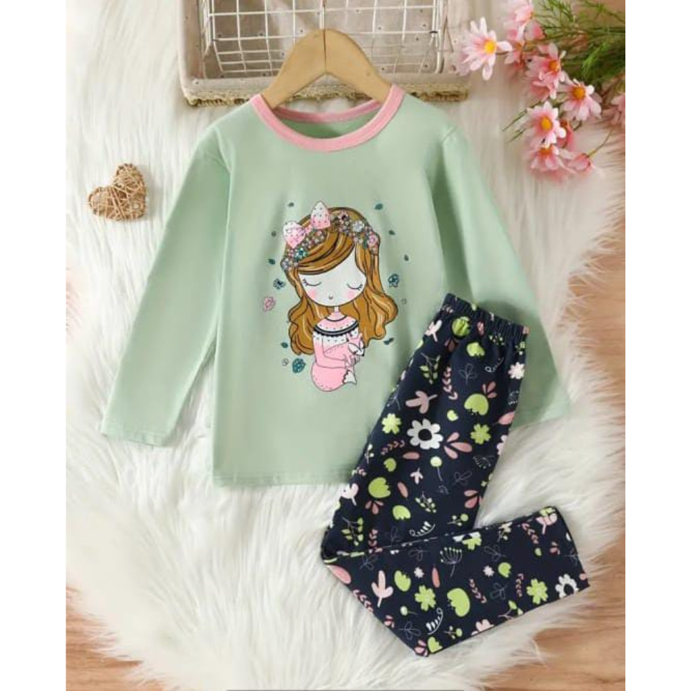 Green Sleepy Princess Printed Kids Wear