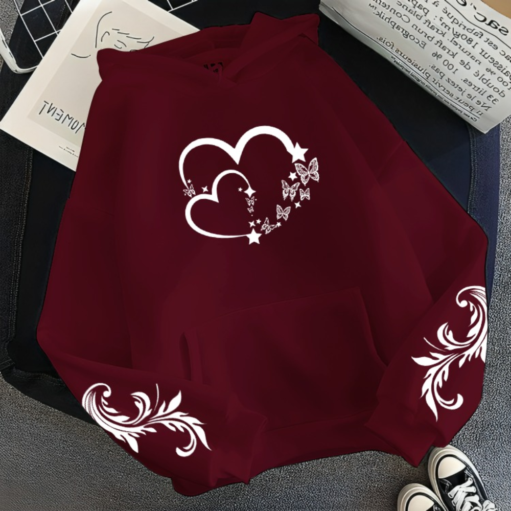Double Heart Butterfly Printed Hoodie