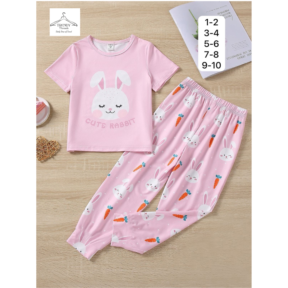 Girls' Cute Rabbit Print Pink Pajama Set