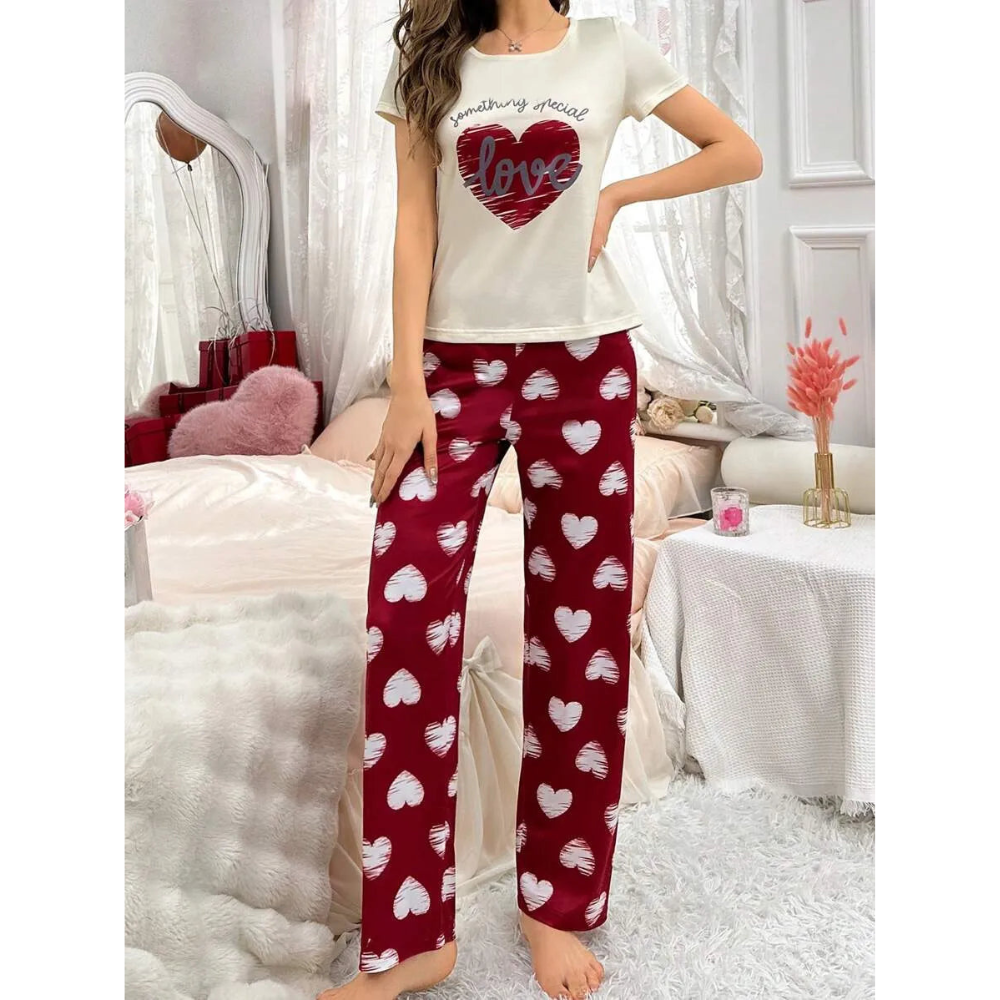 White Love Heart Half Sleeves Shirt And Printed Trouser