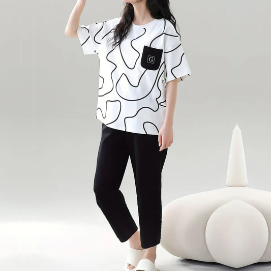 White Black Lining Pocket Printed Women Pj Set