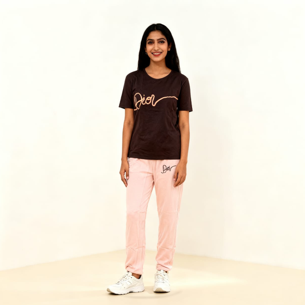 Dior Printed Brown T-Shirt with Pink Trouser Set for Women