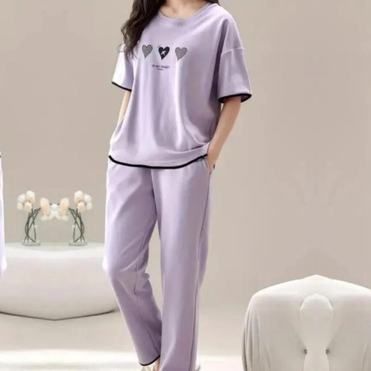 Triple Heat Print Purple Soft Cotton Night Wear