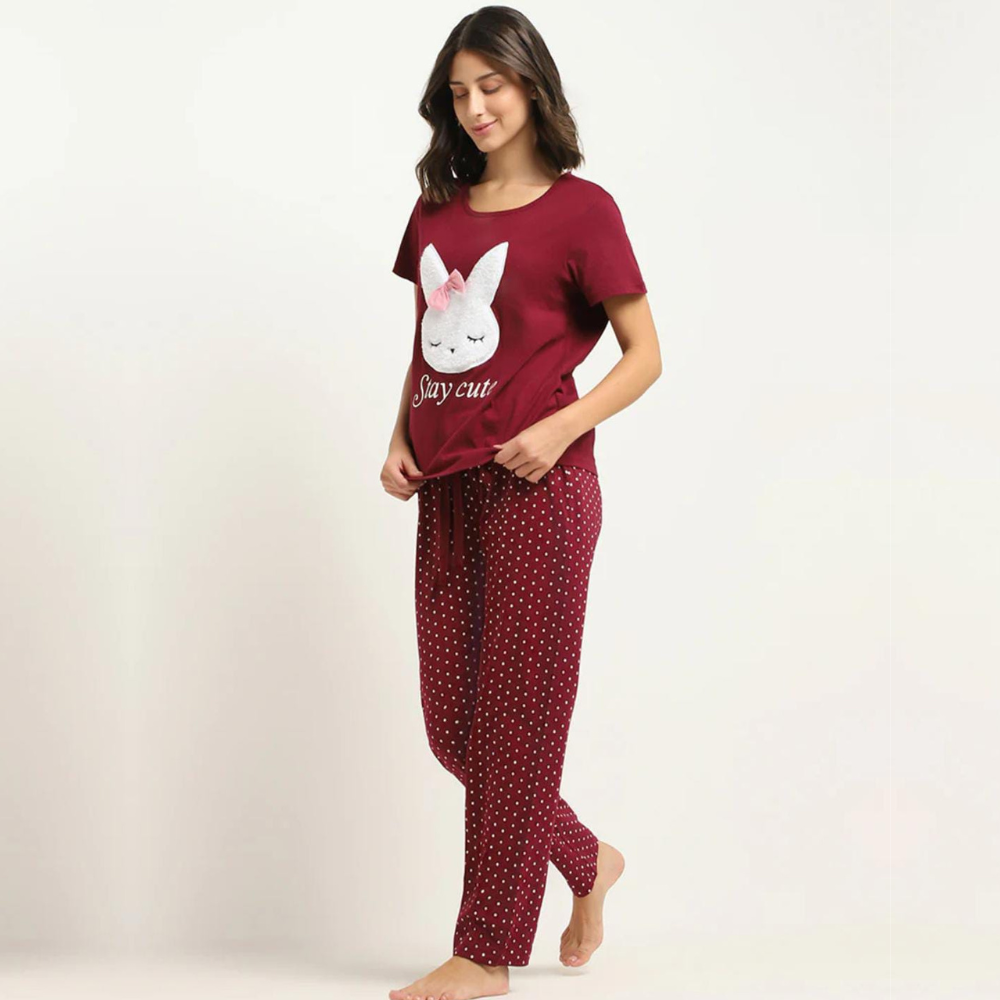 Maroon Stay Cute Printed Night Wear