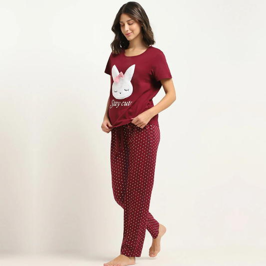 Maroon Stay Cute Printed Night Wear