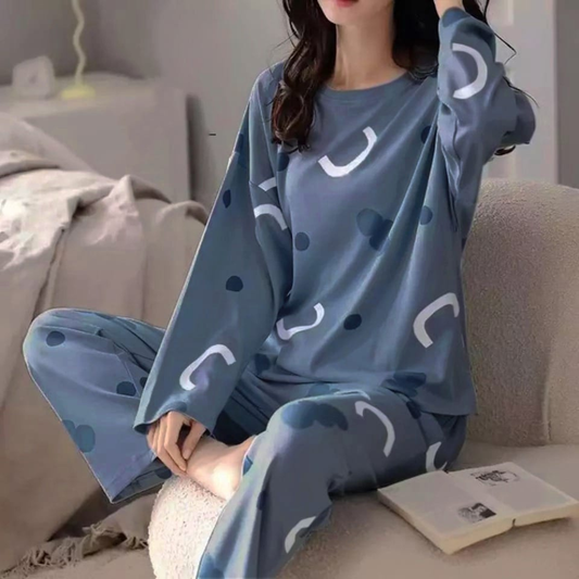 Grey Printed Full Sleeves Night Wear