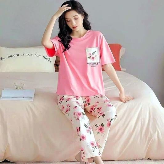 Pink Pocket Flower Printed Night Wear