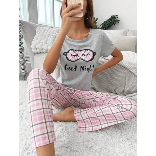 Grey good night Half Sleeves With Pink Check Trouser