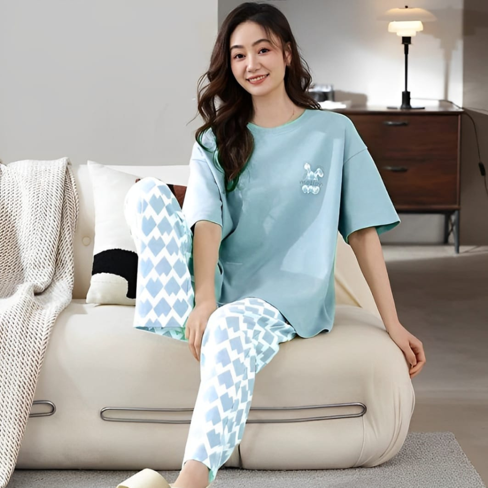 Sky Blue Printed Night Wear