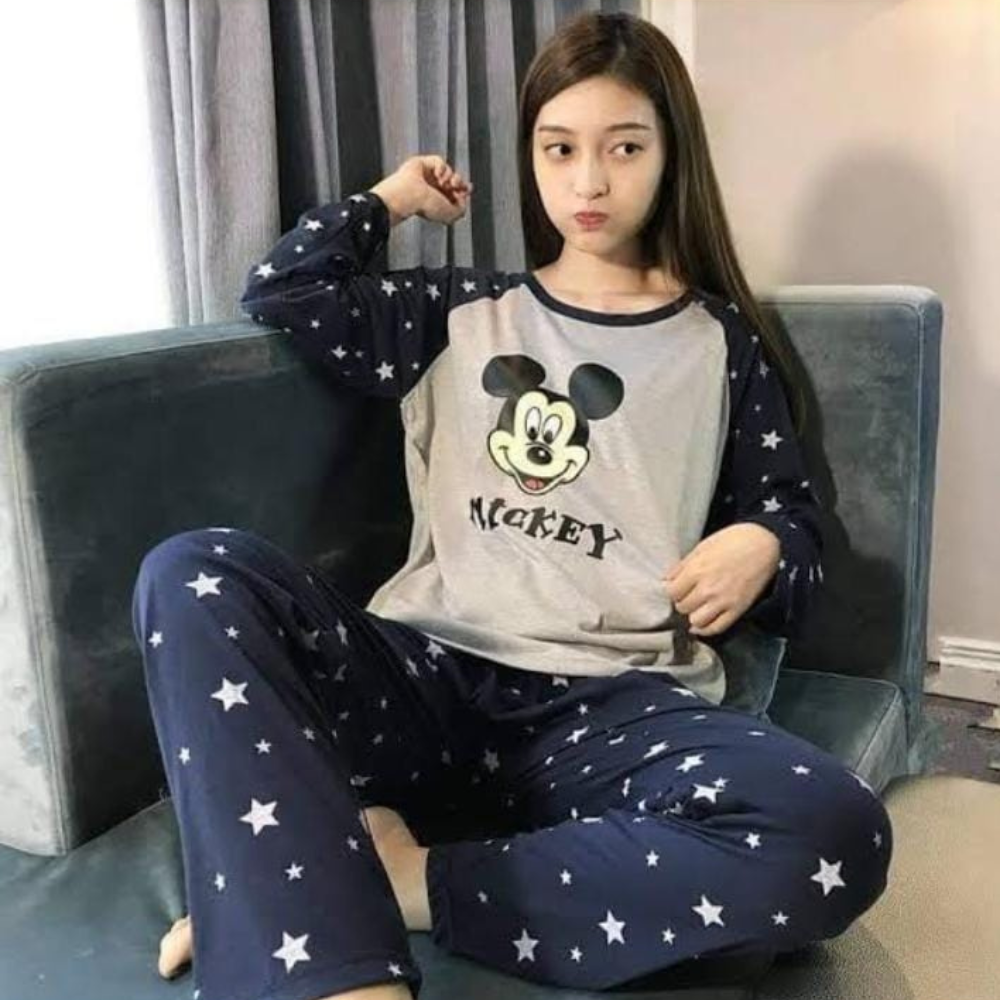 Grey Star Mickey Printed Night Wear For Women