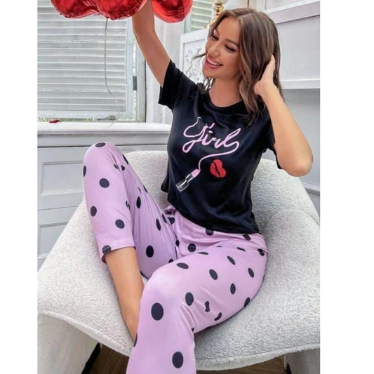 Black Girl With Polka Pajama Printed Night Wear