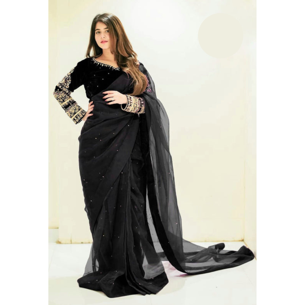 Multi Sleeves Silk Blouse Embroidered With Petticoat And Pearls Attached Pleated Saree