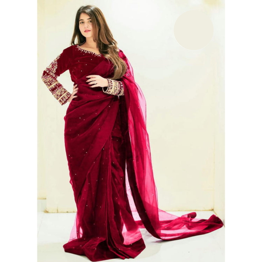 Multi Sleeves Silk Blouse Embroidered With Petticoat And Pearls Attached Pleated Saree - Red