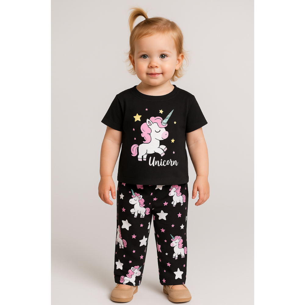 Black Unicorn Stars Printed Kids Wear