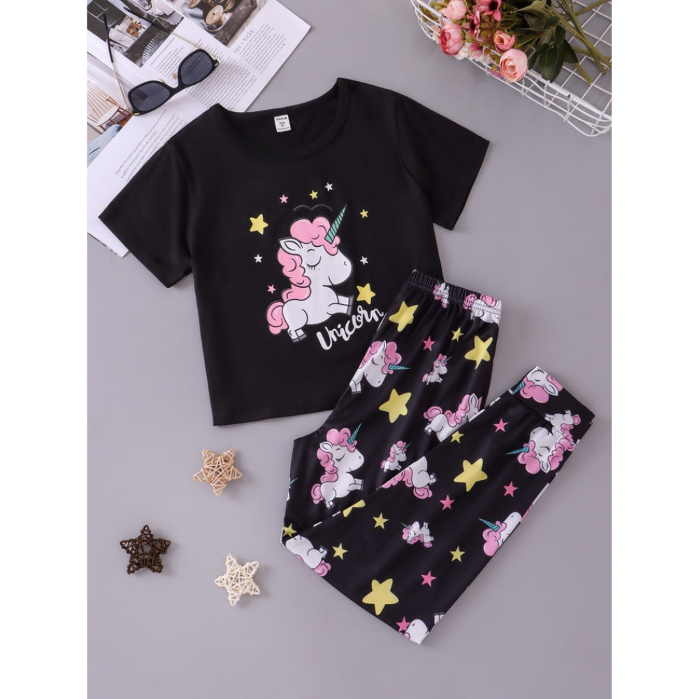 Black Unicorn Stars Printed Kids Wear