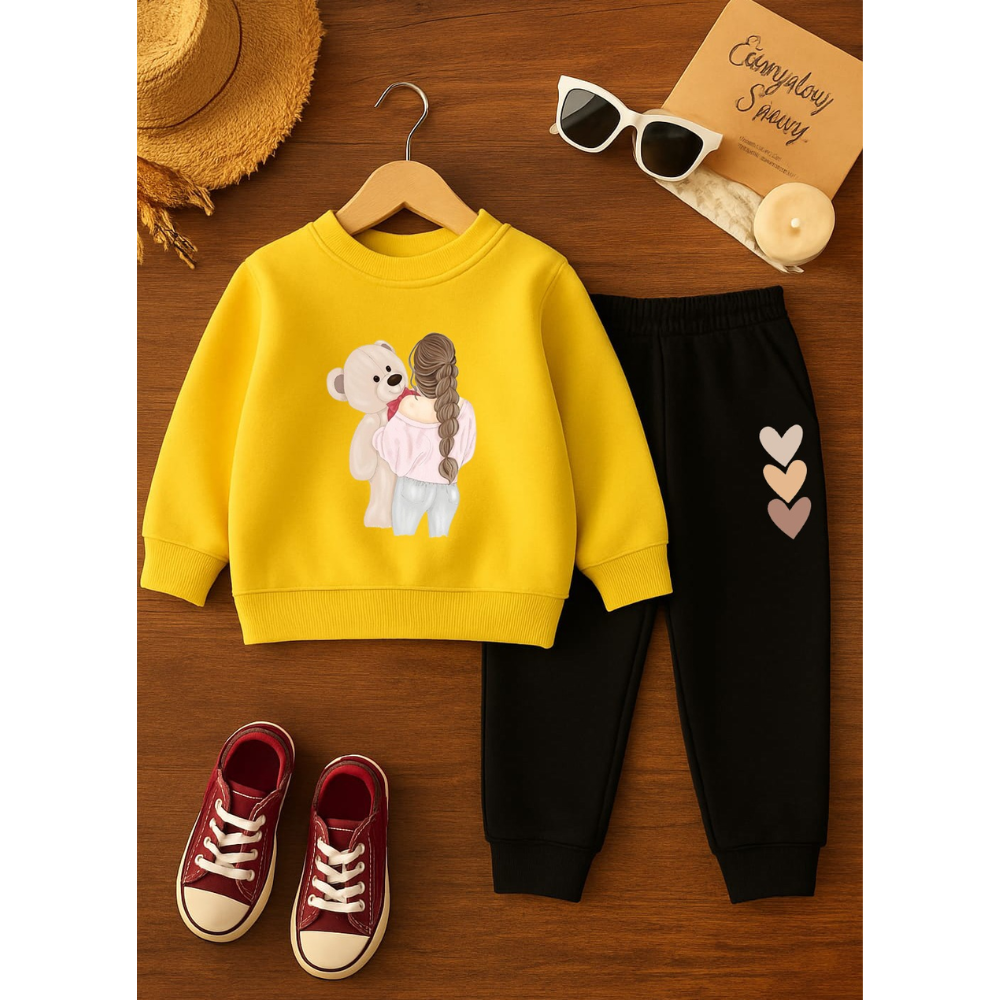 Yellow Teddy Hug Printed Tracksuit Set