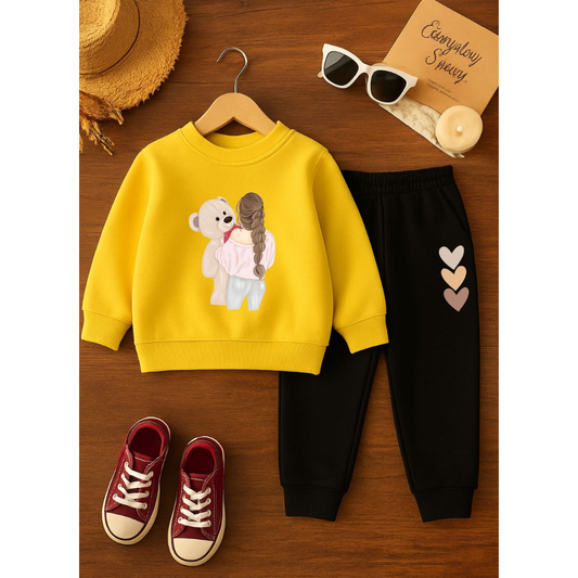 Yellow Teddy Hug Printed Tracksuit Set