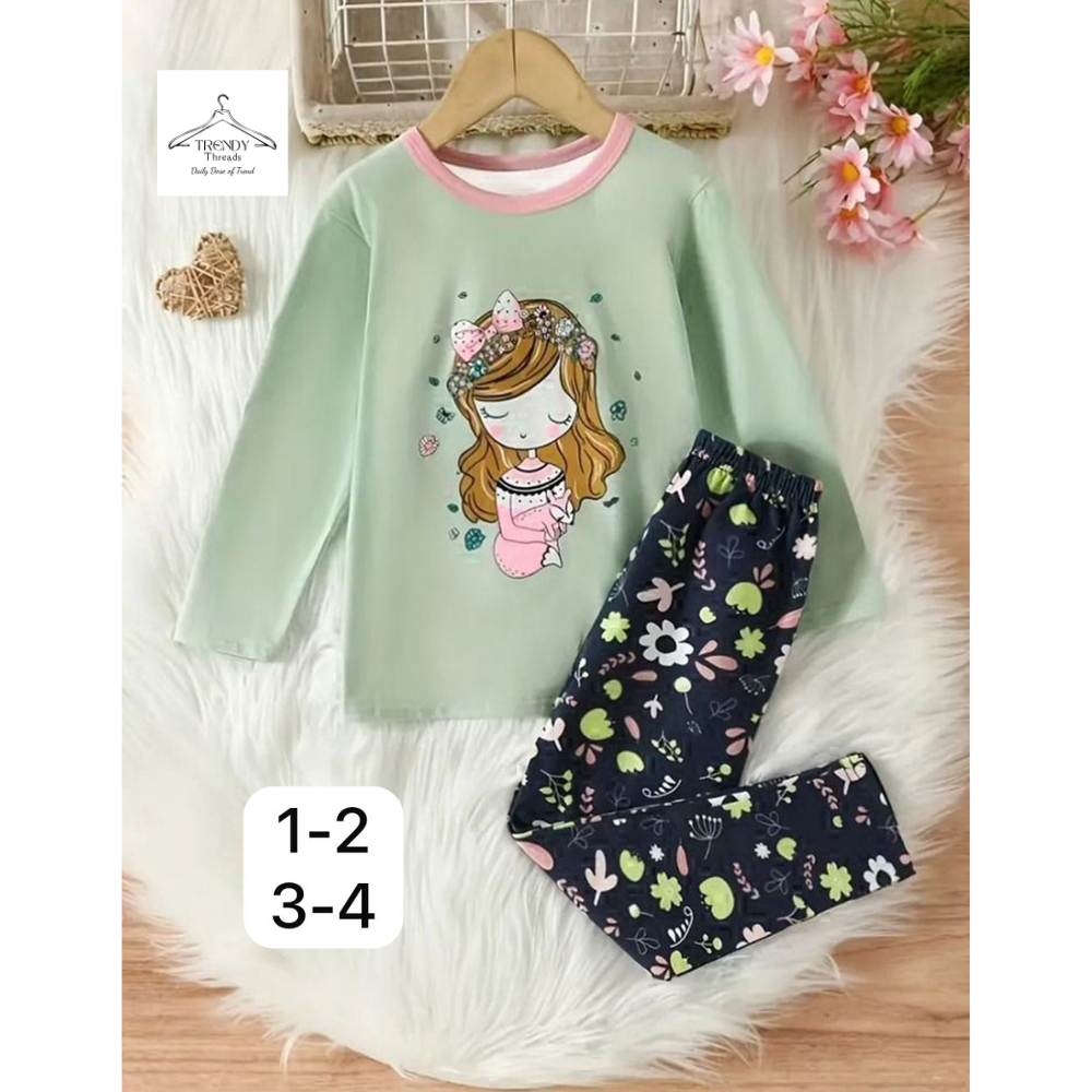 Green Sleepy Princess Printed Kids Night Suit